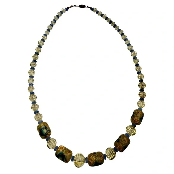 Vintage Hand-Painted Art Glass Necklace w/ 14K Gold Clasp-Length 19”